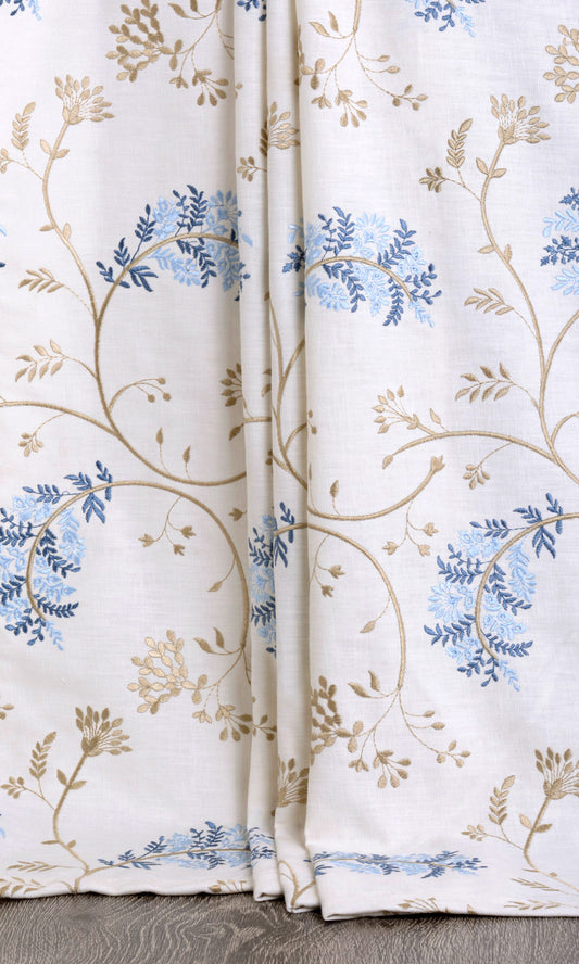 Floral Embroidered Home Décor Fabric By the Metre (Brown/ Blue/ White)