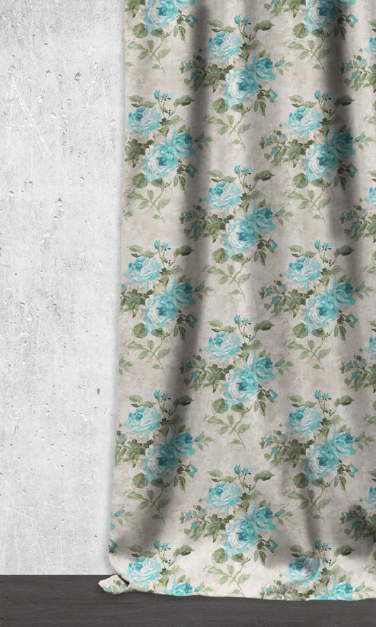 Room Darkening Floral Home Décor Fabric By the Metre (Blue/ White/ Green)
