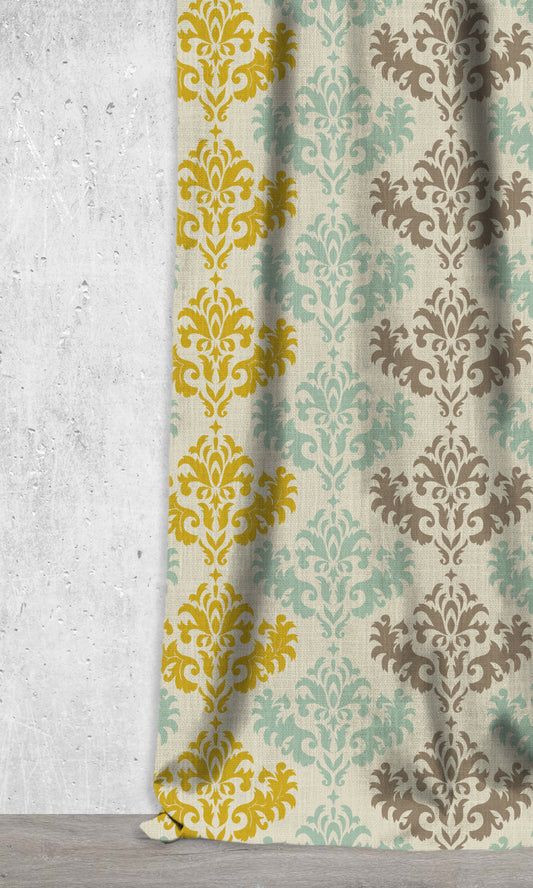 Damask Printed Window Home Décor Fabric By the Metre (Yellow/ Blue/ Brown)