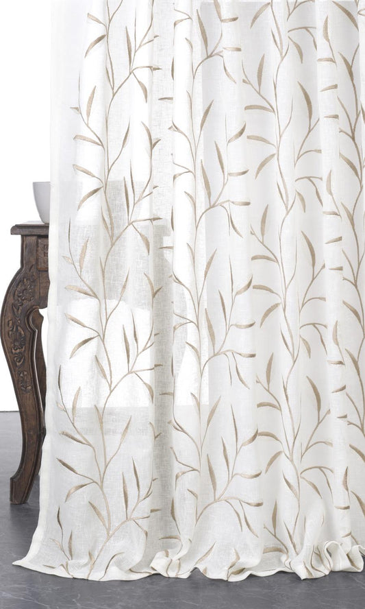 Sheer Floral Embroidered Home Décor Fabric By the Metre (White/ Brown)