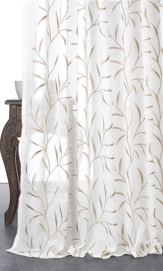 Sheer Floral Embroidered Window Shades (White/ Brown)