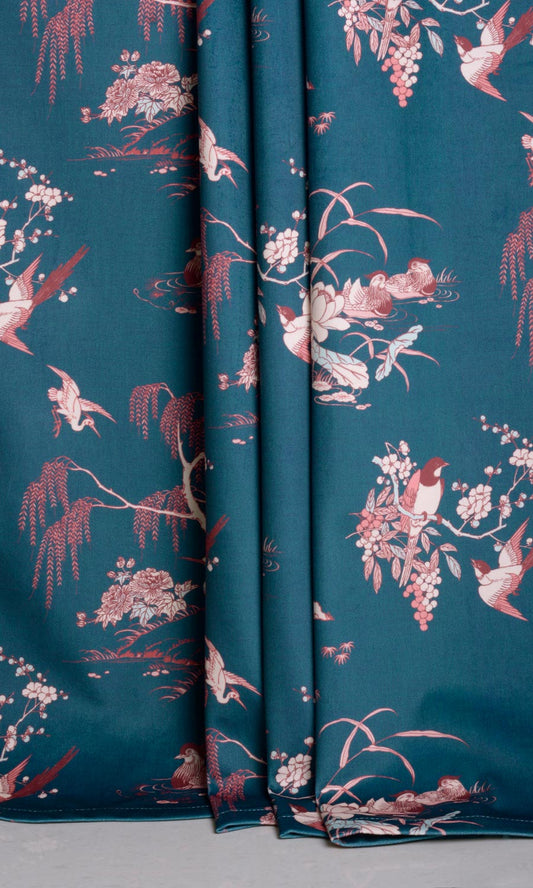 Chinoiserie Toile Velvet Print Home Décor Fabric By the Metre (Blue/ Pink)