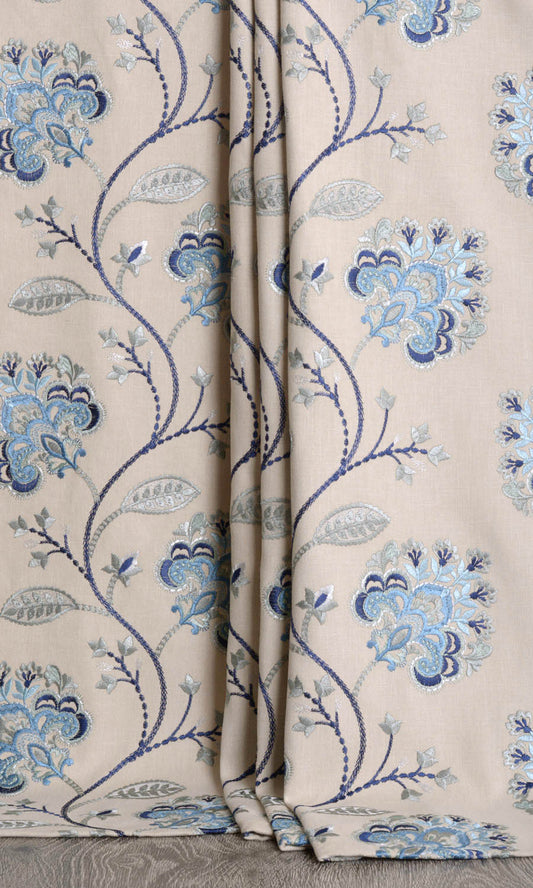 Floral Embroidered Cotton Home Décor Fabric By the Metre (Beige/ Blue/ Blue)
