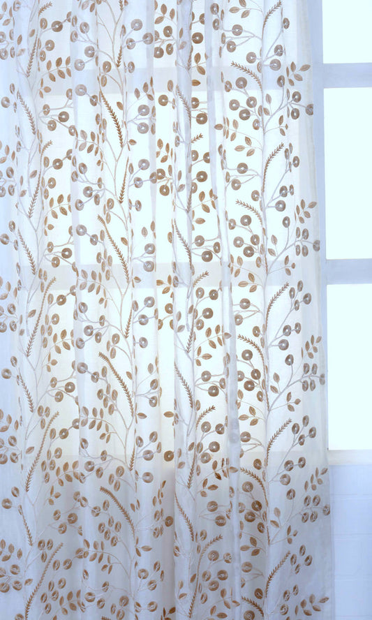 Nature Inspired Sheer Home Décor Fabric By the Metre (White/ Golden Beige)