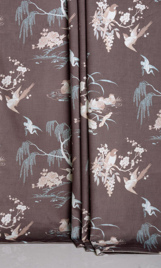 Chinoiserie Toile Velvet Print Home Décor Fabric By the Metre (Deep Wine/ Brown)